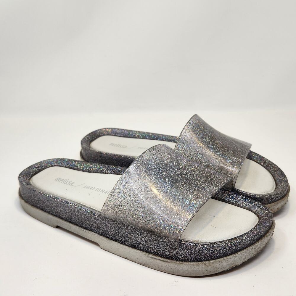 Melissa Away To Mars Silver Glitter Beach Slide Cushioned Sandal Women Size 7